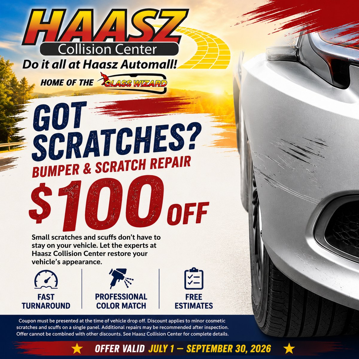 Bumper & Scratch Repair — $100 OFF. Offer valid July 1 through September 30, 2026.